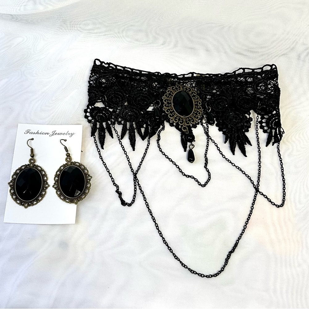 New Black Lace and Gemstone Gothic Choker Necklace and Earrings